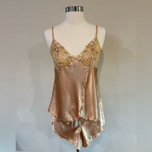 Elegant Gold Satin Lace Trim Cami Set